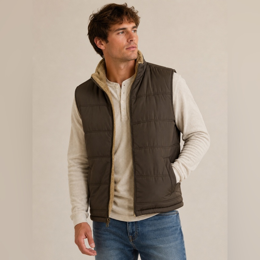 Weatherproof Vintage Puffer Vest Mens XL Brown Sherpa Lined Full Zip